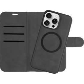 PrimeWallet SnapOn Case - iPhone 15 Pro - Detachable PU leather Wallet Case - (compatible with MagSafe) - Black